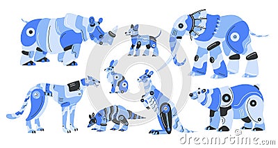 Cartoon cyborg animals. Robotic fauna characters. Mechanical mascots. Futuristic transformers. Metal rhinoceros Vector Illustration