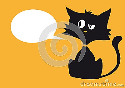 Cartoon cynical cat with one empty white bubble label for custom text, bright orange background Vector Illustration