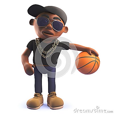 Cartoon 3d black African American hiphop rapper playing with a basketball Stock Photo