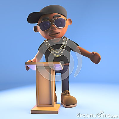 Cartoon 3d black hiphop rapper emcee lecturing at the lectern, 3d illustration Cartoon Illustration