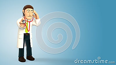 Cartoon 3d doctor listening with a stethoscope isolated on a blue background 3d rendering Stock Photo