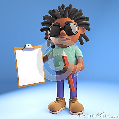 Cartoon 3d dreadlocked rastafarian black man holding clipboard and pencil, 3d illustration Cartoon Illustration