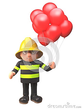 Cartoon 3d firefighter in firemans uniform with red balloons, 3d illustration Cartoon Illustration