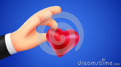 Cartoon 3d hand hold red heart. Donation or social media follower concept. Valentine day. Vector Illustration