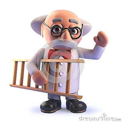 Cartoon 3d mad scientist professor holding a ladder Stock Photo