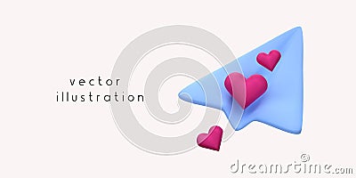 Cartoon 3D paper plane for web design. Love delivery illustration. Vector 3D render of romantic paper plane Vector Illustration