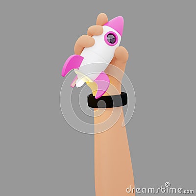 Cartoon 3d rendering hand holding a rocket taking off. 3D Render cartoon hand lift rocket on gree background Stock Photo