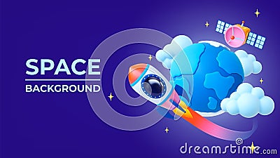 Cartoon 3d space banner. Universe plastic elements, earth planet, satellite and flying spaceship. Cosmic adventures Vector Illustration