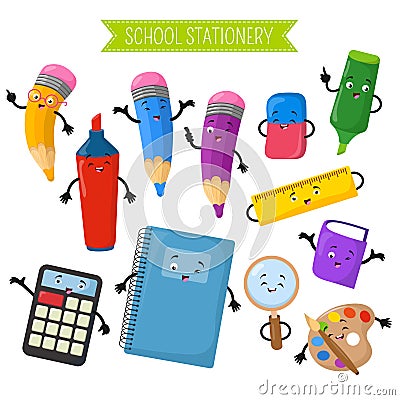 Cartoon 3d vector characters of school writing stationery Vector Illustration