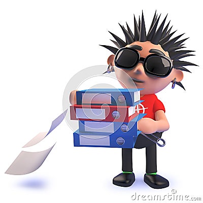 Cartoon 3d vicious punk rock character carrying folders and dropping files Stock Photo