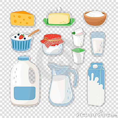 Cartoon dairy products on transparent Vector Illustration