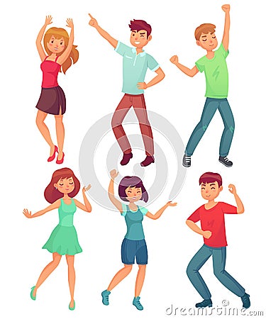 Cartoon dancing people. Happy dance of excited teenager, young women men character at party. Celebrating dances vector Vector Illustration