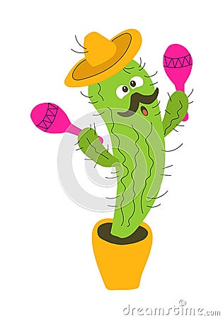 Cartoon dancing and singing mariachi cactus with maracas Vector Illustration