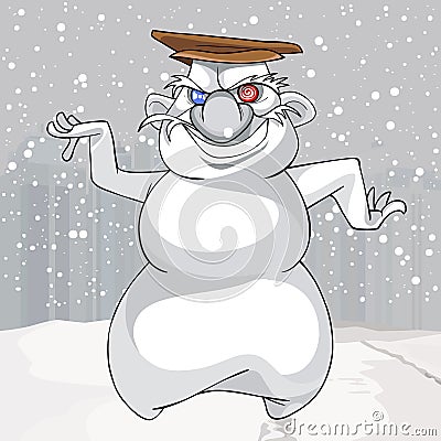 Cartoon dancing snowman with a big nose and a cap Vector Illustration