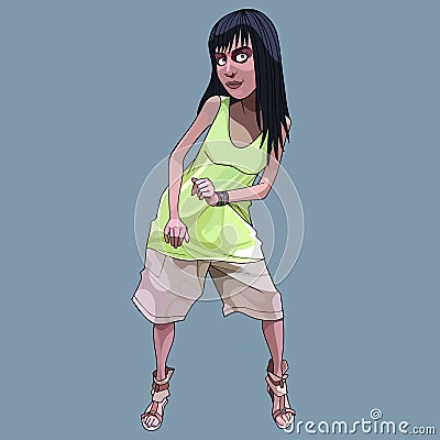 Cartoon dancing teenager girl in big shorts and a t-shirt Vector Illustration