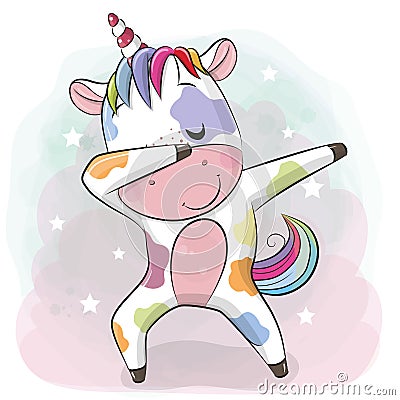 Cartoon dancing Unicorn on a pink and blue background Vector Illustration