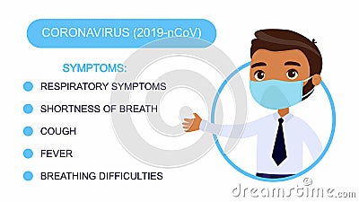 Cartoon dark skin man in an office suit points to a list of coronavirus symptoms. Vector Illustration