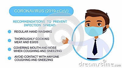 Cartoon dark skin man in an office suit points to a list of recommendations for protection against coronavirus. Cartoon Illustration