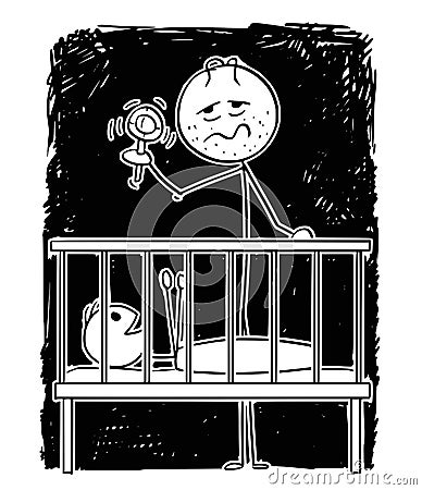 Cartoon of Dead Tired Father Entertaining Baby in Night With Rattle Vector Illustration