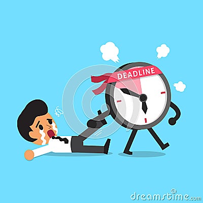 Cartoon deadline clock character dragging businessman Vector Illustration