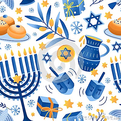 Cartoon decorative elements of Jewish holiday Hanukkah seamless pattern. Colorful Menorah candles, David star and flying Vector Illustration