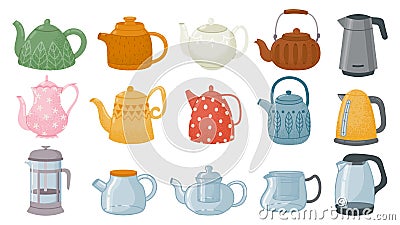 Cartoon decorative glass and ceramic teapots, kettles design. Vintage, modern and japan dishware for tea. Kitchen or Vector Illustration
