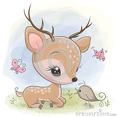 Cartoon deer with bird on the meadow Vector Illustration