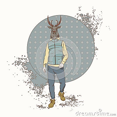 Cartoon Deer Hipster Wear Fashion Clothes Retro Abstract Background Vector Illustration