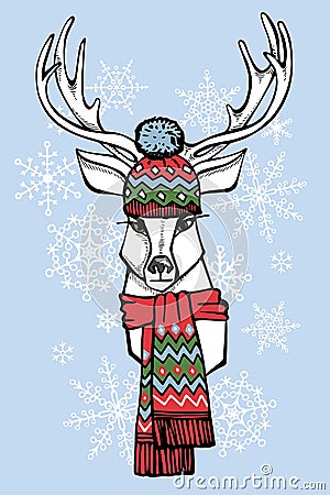 Cartoon deer in Jacquard hat,scarf.Winter fashion Vector Illustration