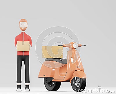 Cartoon delivery man in red uniform with motorbik Stock Photo