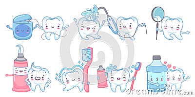 Cartoon dental care. Teeth cleaning with toothpaste and toothbrush. Dental water jet, floss and mouth rinse with tooth Vector Illustration