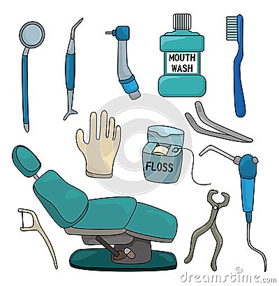 Cartoon dentist tool icon set Vector Illustration