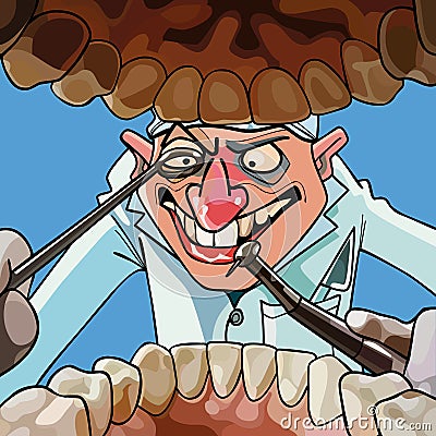 Cartoon dentist with tools looks into the open mouth Vector Illustration