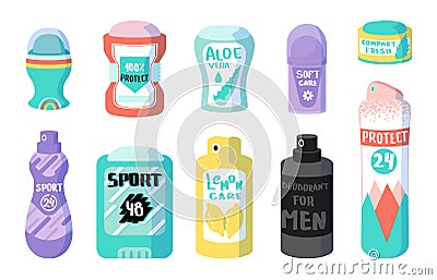 Cartoon deodorant. Antiperspirant cosmetic. Aerosol for sweat odor protection. Roll stick and spray. Personal hygiene Vector Illustration