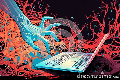 Cartoon depicts a hand reaching to a laptop computer screen, symbolizing virtual interaction Cartoon Illustration