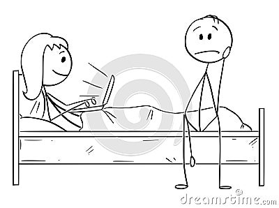 Cartoon of Depressed Man Sitting on Bed While Woman Working on Notebook Vector Illustration