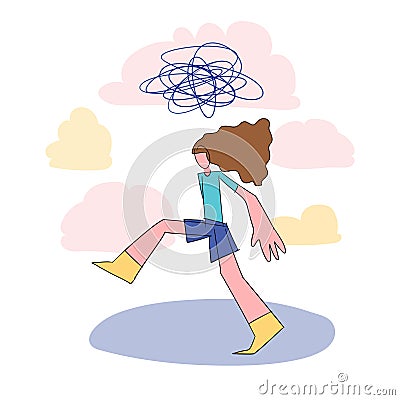 Cartoon depressed vector girl walks on the abstract background. Frustrated woman. Vector Illustration