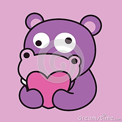 Cartoon Derpy Hippo Holding a Heart Vector Illustration