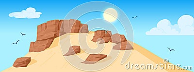 Cartoon desert landscape, sand rocks view. Western canyon rock landscape flat vector background illustration. Sand desert rock Vector Illustration