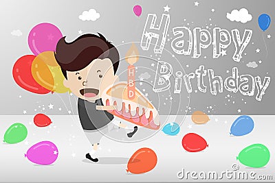 Cartoon Design for Birthday Card with a young cute boy keeps a piece of cake with candle in hands for give someone he love Vector Illustration