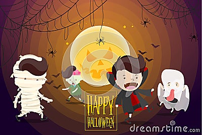Cartoon Design in the concept of Halloween Day Celebration with cute cartoon wearing the costumes of ghost Vector Illustration