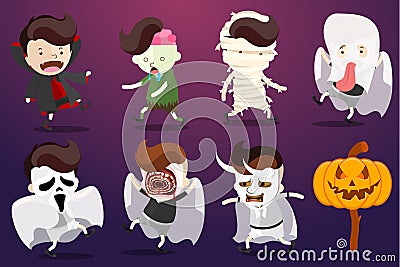 Cartoon Design in the concept of Halloween Day Celebration with cute cartoon wearing multiple style costumes Vector Illustration