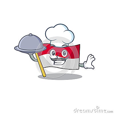 Cartoon design flag monaco Scroll as a Chef with food on tray Vector Illustration