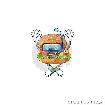 A cartoon design of hamburger trying Diving glasses Vector Illustration