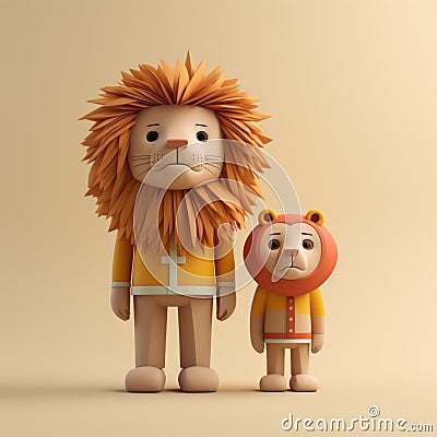 Minimalist 3d Lion And Cat With Teddy Bear - Toycore Illustration Stock Photo