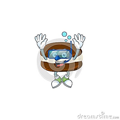 A cartoon design of whoopie pies trying Diving glasses Vector Illustration