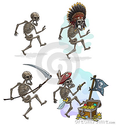Cartoon pirate indian chief and death skeletons Vector Illustration