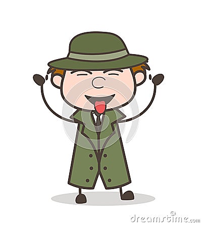 Cartoon Detective Showing Tongue and Teasing Vector Illustration Stock Photo