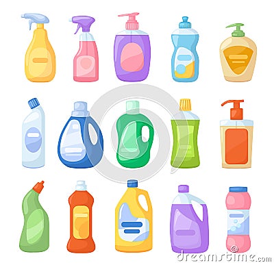 Cartoon detergent bottle. Cleaner, bleach, disinfectants, antiseptic, liquid soap. Spray detergents products for home Vector Illustration