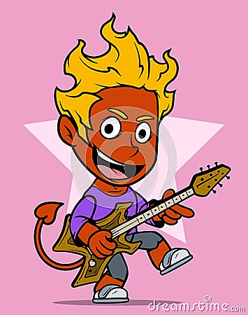 Cartoon devil boy character with electric guitar Vector Illustration